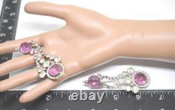 Vtg Signed KENNETH LANE Pink & Clear Rhinestone Ornate Drop Dangle Clip Earrings