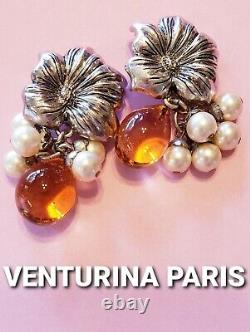 Vtg Signed Venturina Paris Faux Pearl & Glass Teardrop Flower Clip On Earrings