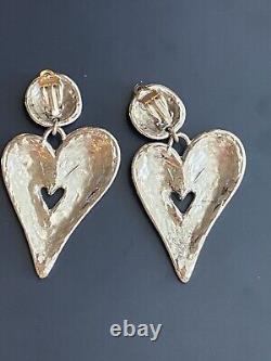 Vtg Silver Tone Huge Heart Clip on Earrings Edouard Rambaud 3.5