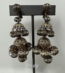 WOW Vintage Ornate Filigree Long Dangle Drop Rhinestone Clip Earrings 3 RUNWAY