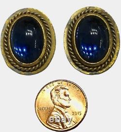 YSL Earrings Blue Cabochon Gold Clip On Vintage Signed YVES ST LAURENT