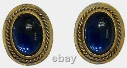 YSL Earrings Blue Cabochon Gold Clip On Vintage Signed YVES ST LAURENT