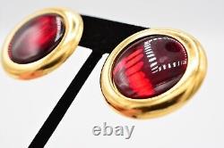 YSL Vintage Cabochon Clip Earrings Glass Red Chunky Round Gold Signed 80s BinAI