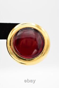 YSL Vintage Cabochon Clip Earrings Glass Red Chunky Round Gold Signed 80s BinAI