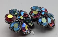YSL Vintage Clip Earrings Crystal Heart Aurora Borealis Chunky Gunmetal