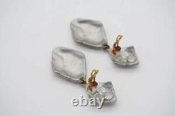 Yves Saint Laurent YSL Vintage Wrinkled Texture Long Drop Clip Earrings, Silver